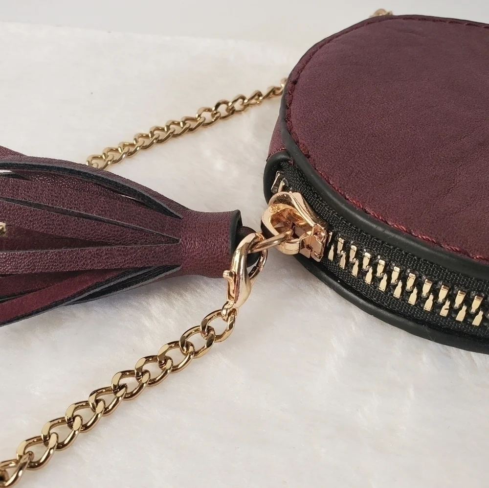 LEATHER Circular Round Shell Deep Burgundy Red Gold Chain Wristlet Purse